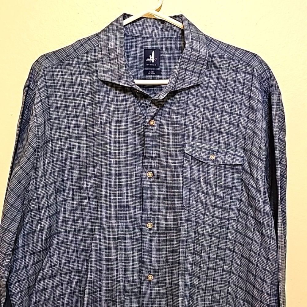 Johnnie O Mens XL Linen Shirt Long Sleeve Button Up Blue Plaid Cutaway NWOT